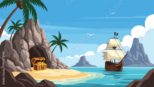 Tropical pirate island landscape shows a treasure chest filled with gold inside a cave by the sea with a ship nearby.