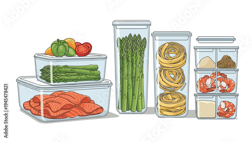 Organized kitchen storage is shown with glass containers filled with fresh salmon, asparagus, pasta, and vegetables.