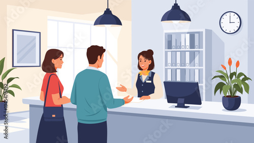 Couple talks to a professional receptionist at a modern service desk in a bright office or hotel lobby environment.