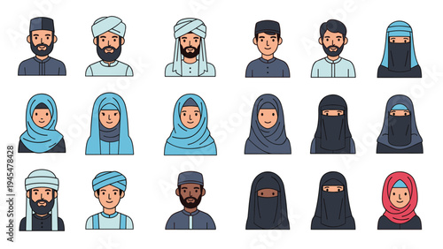 Diverse collection of male and female avatars wearing various types of traditional Muslim headcoverings and clothing.