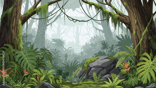 Lush green tropical rainforest landscape features thick trees and exotic plants in a detailed pixel art style.
