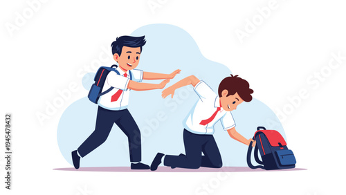 School student helps his classmate who has fallen down and is trying to gather his things from the ground.