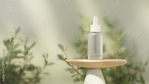 Serum dropper bottle cosmetic product mockup on wooden display platform with soft botanical background. Minimal studio setup for skincare advertising, wellness branding and beauty product presentation