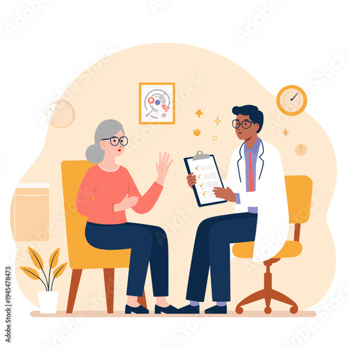 Doctor explaining test results. Physician discussing medical information. Doctor consulting elderly patient. Medical consultation with senior. Elderly set