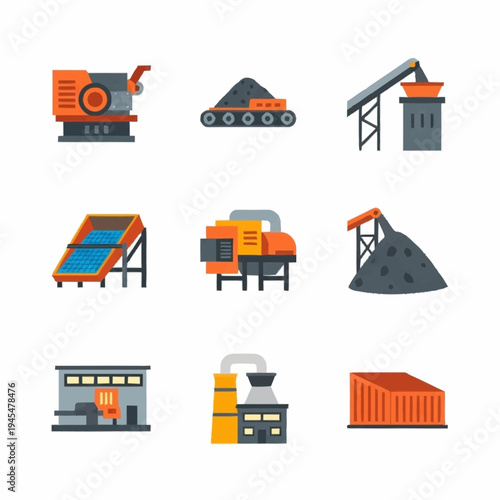 Industrial mining and quarrying equipment flat icons set.