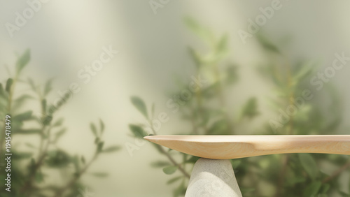 Minimal wooden product podium with soft botanical background designed as a cosmetic or skincare product mockup scene. Natural light studio setup with empty display platform suitable for branding