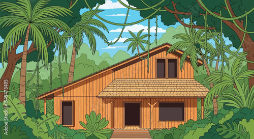 Tropical wooden house, jungle cabin, eco lodge, wooden hut