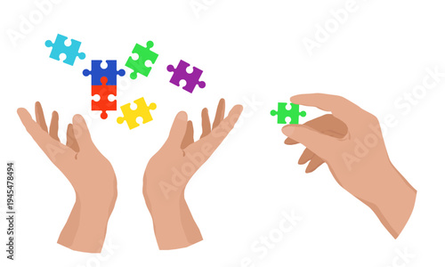 Puzzle pieces in hands, isolated on white background. Vector illustration. Concept of engaging educational game for children. Symbol of puzzles and finding solutions and developing strategies. Not AI.