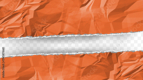 Ripped Paper Banner with Transparent Center on Orange Crumpled Paper Background Torn Paper Edge Frame Template for Text Poster Design and Creative Layout