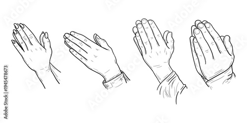 A collection of praying hands, hand-drawn sketch. Vector illustration. Praying hands isolated on a white background. Concept of religious holiday, spirituality, and prayer for peace. Not AI.