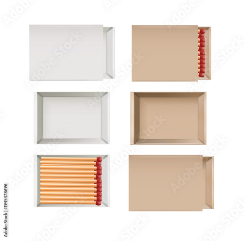 Matchbox, empty package for match sticks in top and perspective view. Realistic mockup of 3d blank box. Stages of burning the match. Symbol of ignition burning. Vector