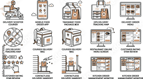 Food Delivery Service Line Icons – Online Restaurant Delivery System