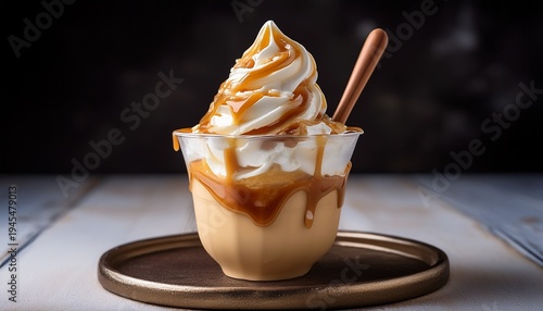 deliciously swirled caramel ice cream sundae topped with creamy whipped topping in an elegant cup