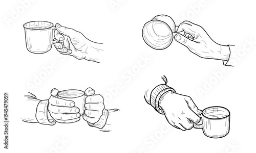 A collection of hands holding a mug, hand-drawn sketch. Vector illustration. A cup of tea or coffee in the palms, isolated on a white background. A hot morning drink. Coffee break. Not AI.