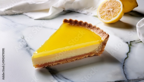 A Slice Of Lemon Tart Rests On A Marble Surface