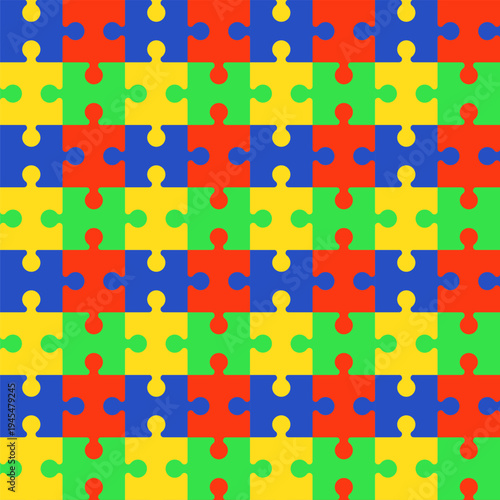 Colorful jigsaw puzzle pieces on seamless pattern. Vector illustration. Dedicated to World Autism Awareness Day. Concept for an engaging educational children's game and wallpaper texture for school.