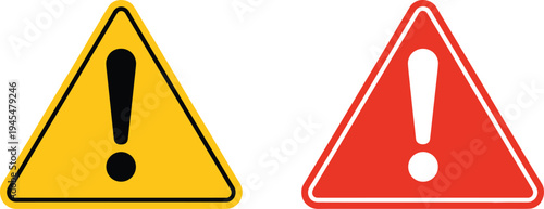Yellow and red warning sign vector set, triangular hazard alert icons with exclamation mark, industrial safety signal for caution and emergency design
