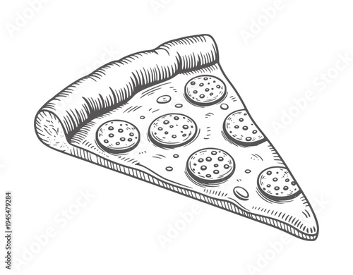 Black and white hand drawn of a pepperoni pizza slice handdrawn blackandwhite
