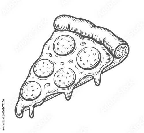 Black and white hand drawn of a single pepperoni pizza slice with thick crust toppings