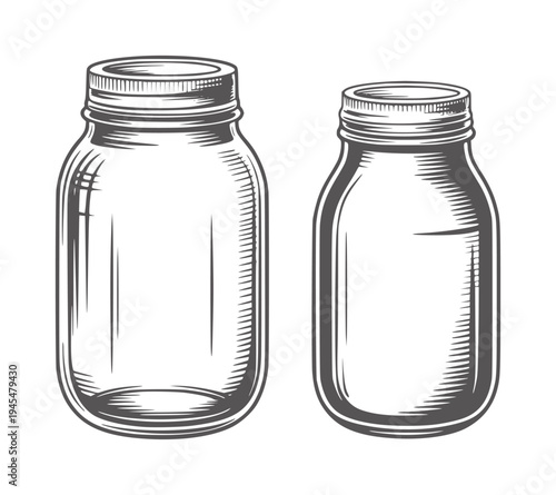 Black and white line of two glass mason jars with metal lids