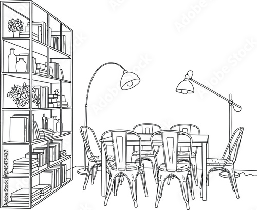 Industrial Style Dining Room Furniture with Metal Bookcase and Chairs