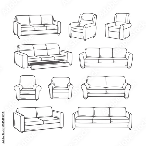 Black and white line of various sofas and armchairs collection furniture