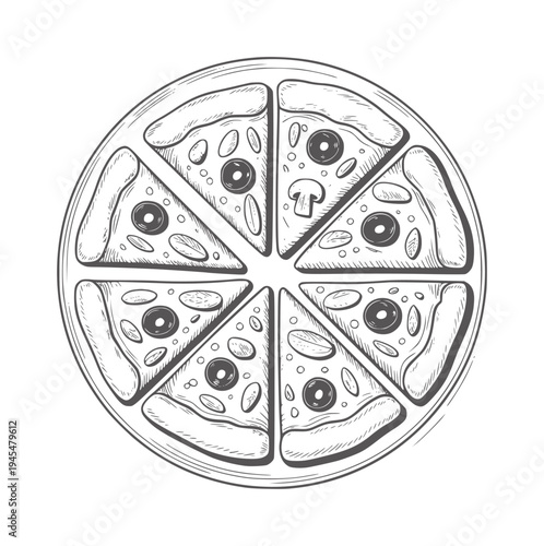 Black and white style pizza sliced into six pieces a round tray slices blackandwhite