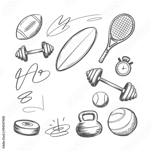 Black and white style of various sports equipment dumbbells