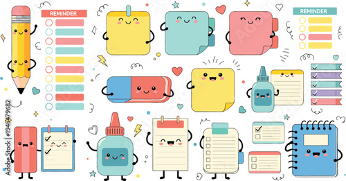 Cute Kawaii School Supplies Characters Set with Pencil, Notebook, Sticky Notes, Glue, Reminders, and Stationery Items for Kids Education Illustration