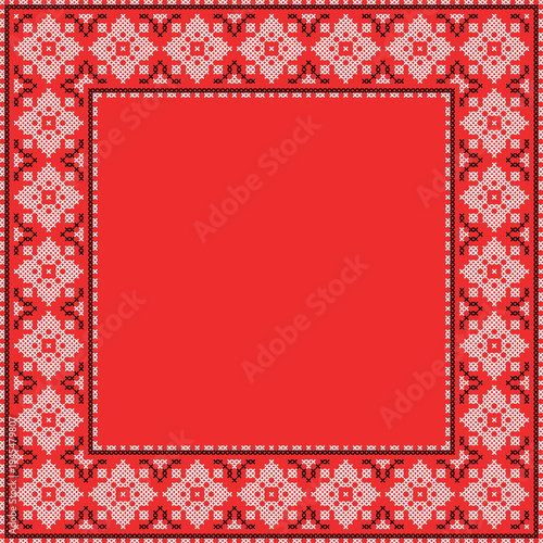 Square frame made of traditional Ukrainian embroidery pattern with red and black cross stitch ornament on white background. Folk ethnic design inspired by vyshyvanka, perfect for borders
