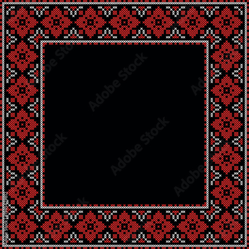 Square frame made of traditional Ukrainian embroidery pattern with red and black cross stitch ornament on white background. Folk ethnic design inspired by vyshyvanka, perfect for borders