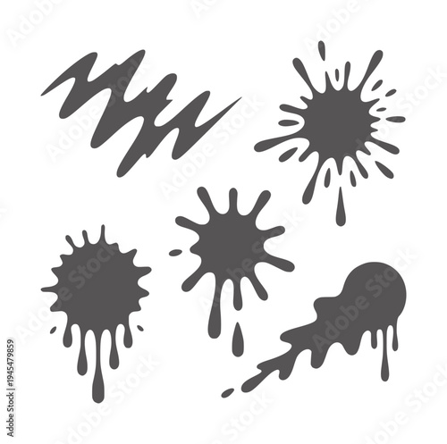 Five black ink splatters and drips white