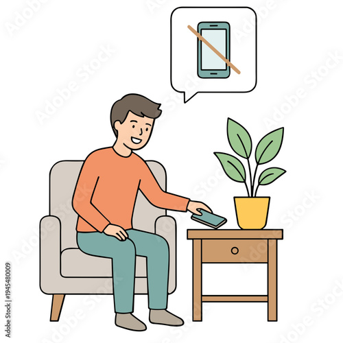 Man sitting on chair holding device next to plant on table with phone speech bubble