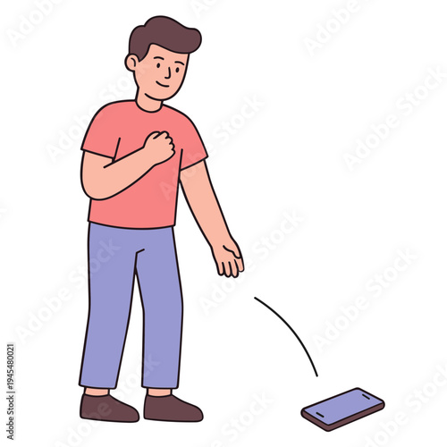 A man throws a smartphone with a gesture of anger standing inside