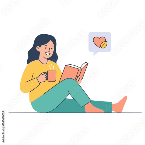 Woman sitting relaxed reading a book and holding a cup smiling