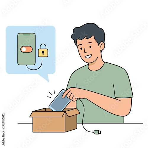 Man unboxes phone with security lock feature in thought bubble beside him.