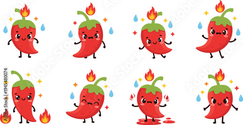 Cute Kawaii Chili Pepper Characters with Fire Flames, Sweat Drops, and Funny Spicy Expressions for Hot Food Cartoon Illustration