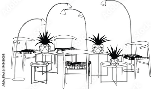 Outline Illustration of Modern Furniture and Plants