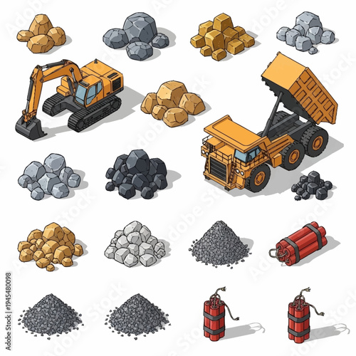 Isometric mining equipment and various piles of ore and explosives.