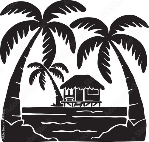 Black silhouette of tropical island with palm trees and hut
