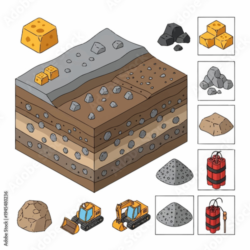 Isometric Mining Site with Layers of Earth and Excavation Equipment.