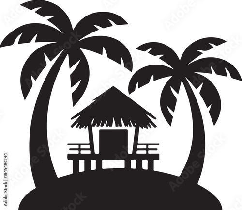 Black silhouette of tropical hut with palm trees on an island