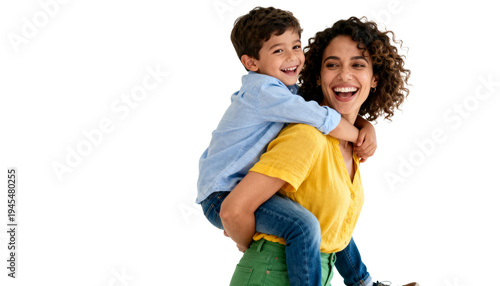 [Transparent Background PNG]Happy Mother and Son Enjoying Piggyback Ride