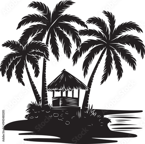 Black and white tropical island with palm trees and gazebo