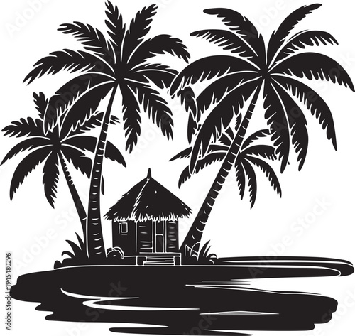 Black and white tropical island scene with palm trees and hut