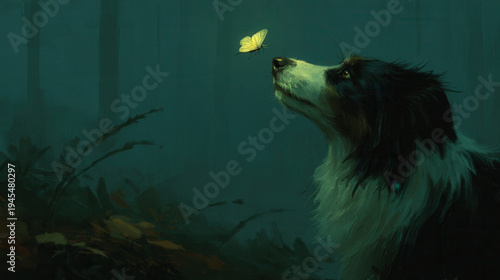 Dog gazing curiously at butterfly in dark