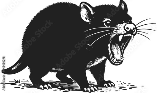 Fierce tasmanian devil illustration roaring with sharp teeth in black and white detailed