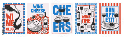 Hand drawn posters set of wine with lettering. Outline sketch illustrations with bottles and glasses of wine, pasta, cheese. Vintage linear design for kitchen wall art, cafe menu, decoration, banner