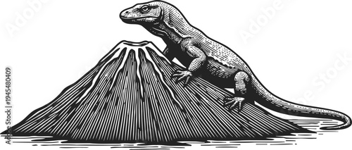 lizard sitting on volcanic mountain with detailed engraved vintage illustration