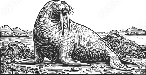 Walrus resting on rocky shore with mountains in the background arctic marine animal engraved illustration